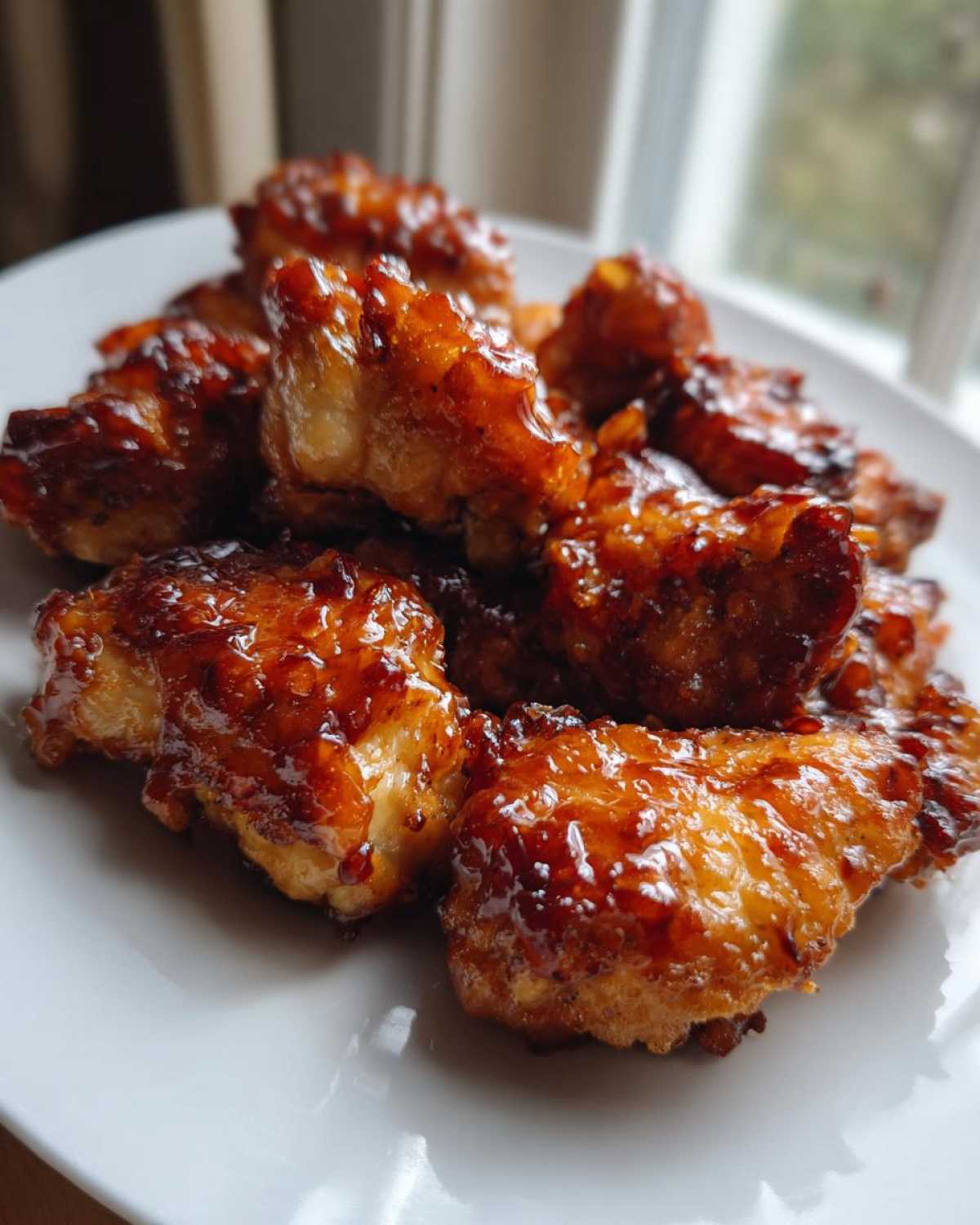 Close-up of crispy, glazed pieces of Baked Orange Chicken piled high on a white plate.