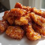 A pile of crispy, glazed Baked Orange Chicken pieces sprinkled with sesame seeds on a white plate.