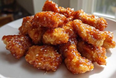 A pile of crispy, glazed Baked Orange Chicken pieces sprinkled with sesame seeds on a white plate.