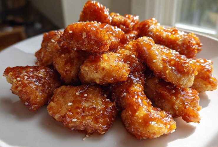 A pile of crispy, glazed Baked Orange Chicken pieces sprinkled with sesame seeds on a white plate.