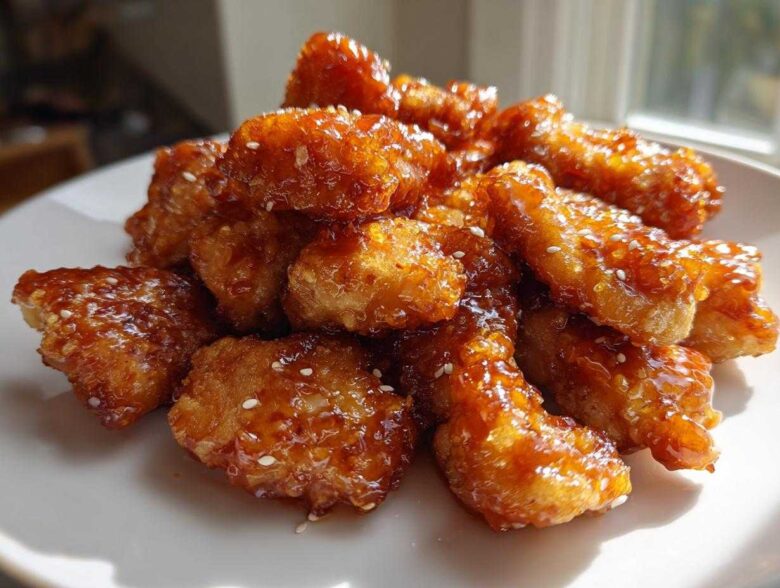A pile of crispy, glazed Baked Orange Chicken pieces sprinkled with sesame seeds on a white plate.