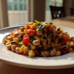 A close-up of a serving of vibrant Cowboy Caviar featuring black-eyed peas, corn, and red peppers on a white plate.