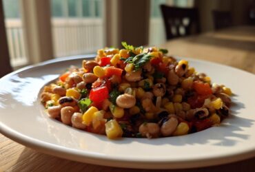 A close-up of a serving of vibrant Cowboy Caviar featuring black-eyed peas, corn, and red peppers on a white plate.