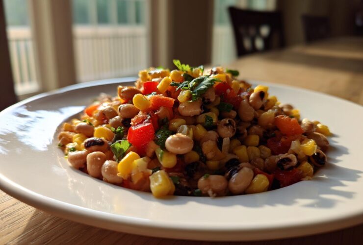 A close-up of a serving of vibrant Cowboy Caviar featuring black-eyed peas, corn, and red peppers on a white plate.