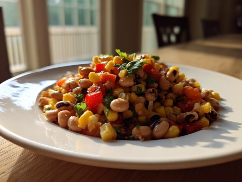 A close-up of a serving of vibrant Cowboy Caviar featuring black-eyed peas, corn, and red peppers on a white plate.