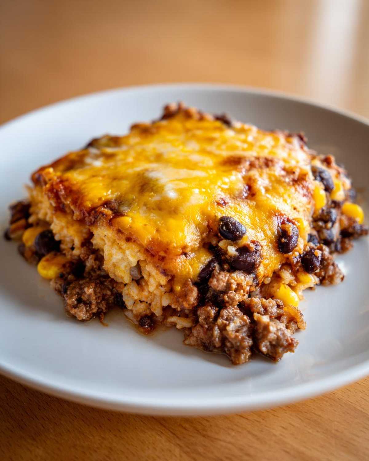 A hearty serving of Black Bean and Rice Bake topped with melted cheddar cheese on a white plate.