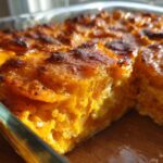 Close-up of baked Brown Sugar Glazed Scalloped Sweet Potatoes with a caramelized, slightly charred top.