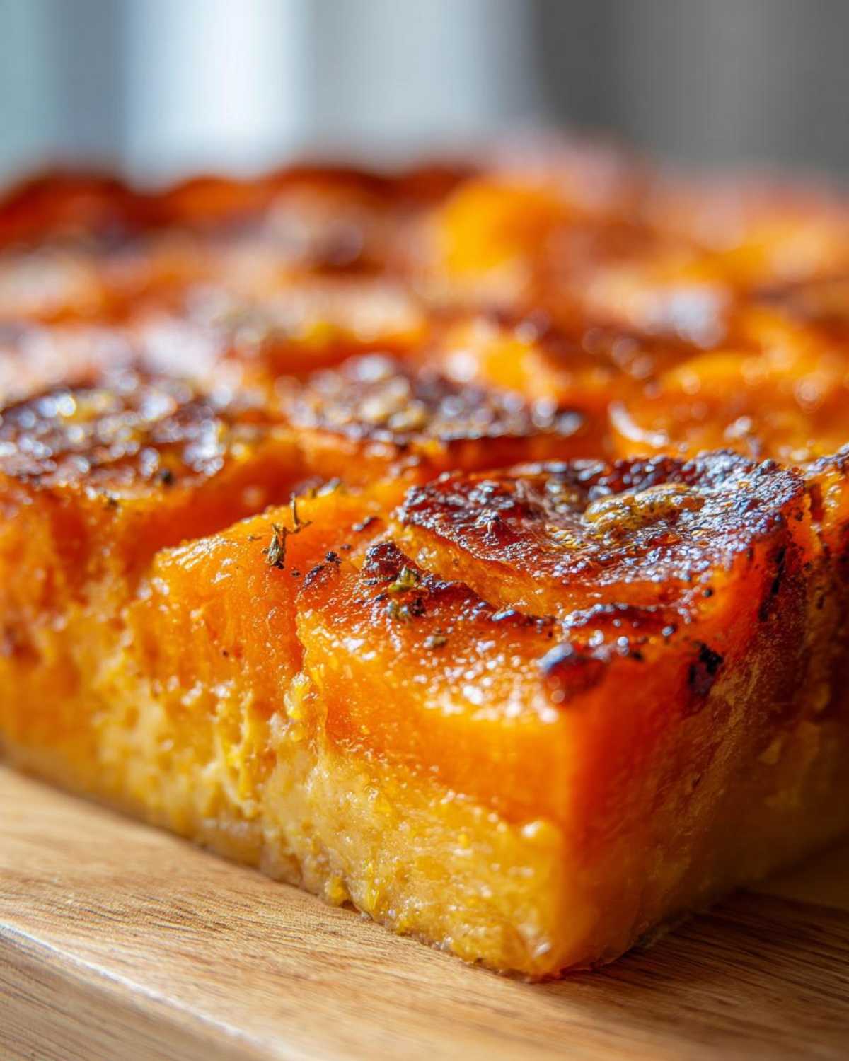 A close-up, angled shot of a serving of Brown Sugar Glazed Scalloped Sweet Potatoes, showing caramelized edges.