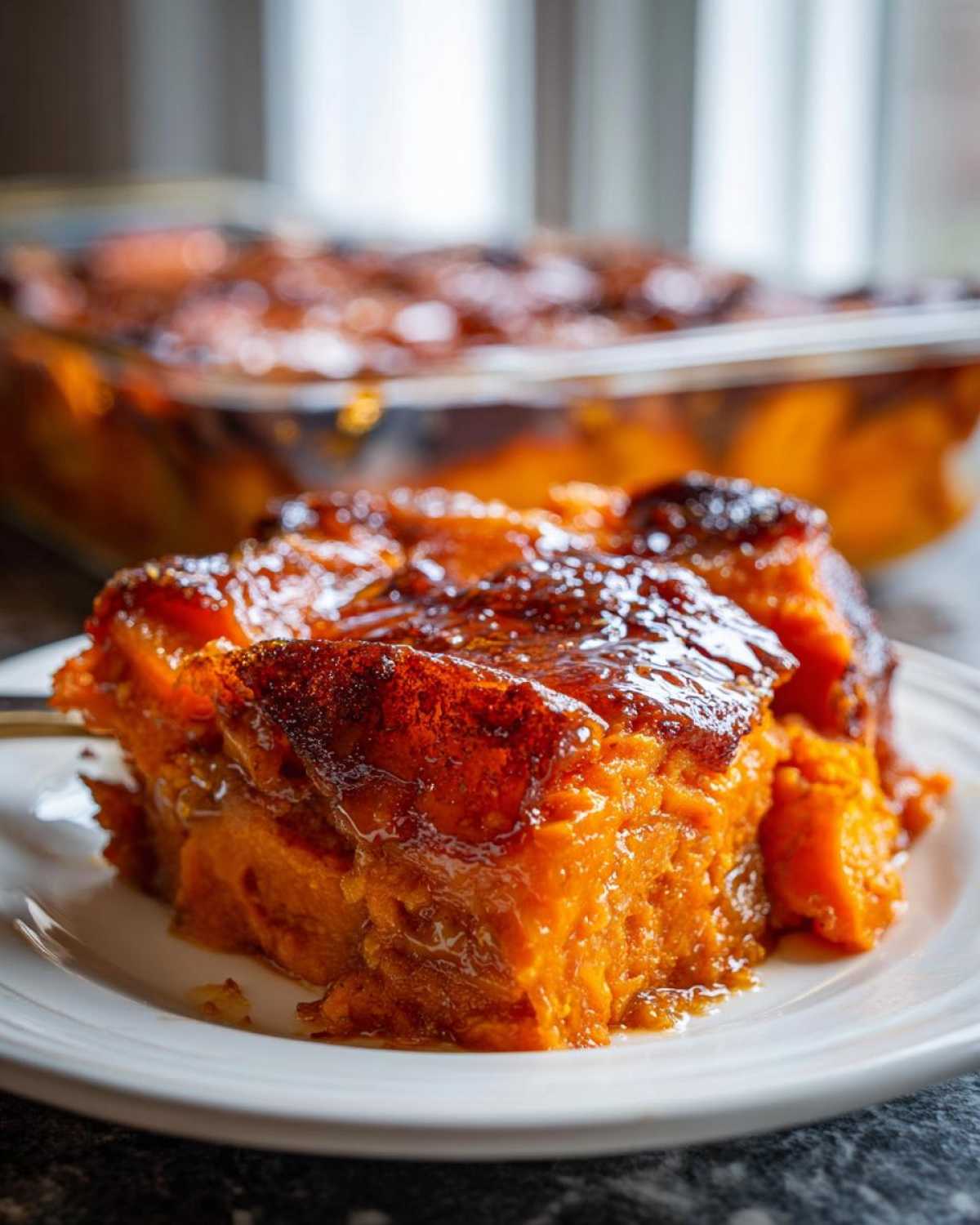 A close-up serving of rich, orange Brown Sugar Glazed Scalloped Sweet Potatoes with a shiny, caramelized top.