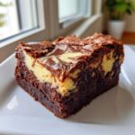 A single, rich slice of Cheesecake Brownies showing a dense chocolate base and a creamy, marbled cheesecake swirl on top.
