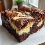 A single, rich slice of Cheesecake Brownies featuring a dark chocolate base swirled with creamy cheesecake filling.