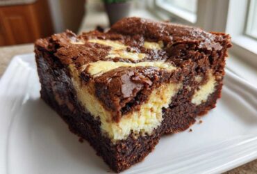 A single, rich slice of Cheesecake Brownies featuring a dark chocolate base swirled with creamy cheesecake filling.