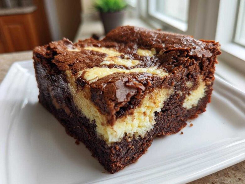 A single, rich slice of Cheesecake Brownies featuring a dark chocolate base swirled with creamy cheesecake filling.