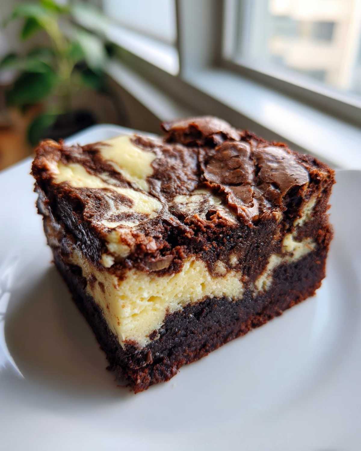 A single, rich square of Cheesecake Brownies showing a dark chocolate base and a marbled cream cheese swirl top.