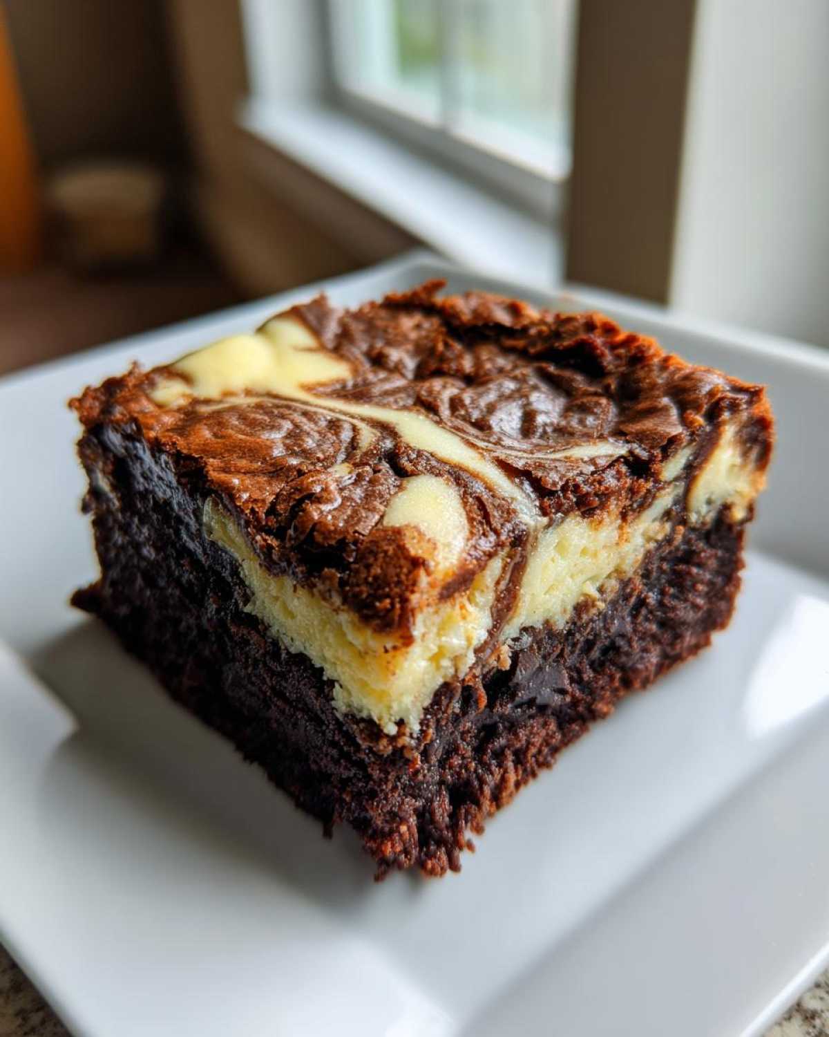 A close-up of a rich, fudgy square of Cheesecake Brownies with a marbled cream cheese swirl on top.