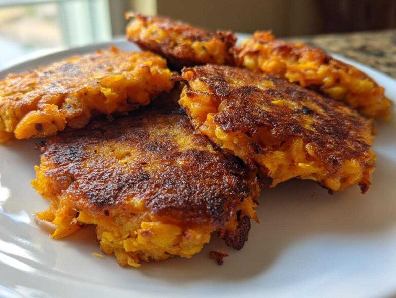 Close-up of several golden brown, pan-fried Chickpea and Sweet Potato Fritters stacked on a white plate.