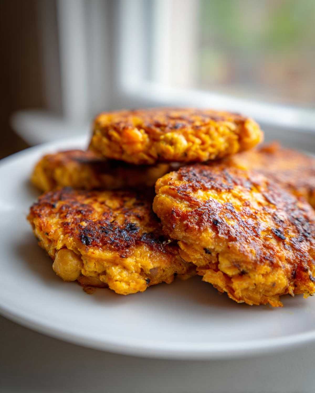 Close-up of several golden brown Chickpea and Sweet Potato Fritters stacked on a white plate near a window.