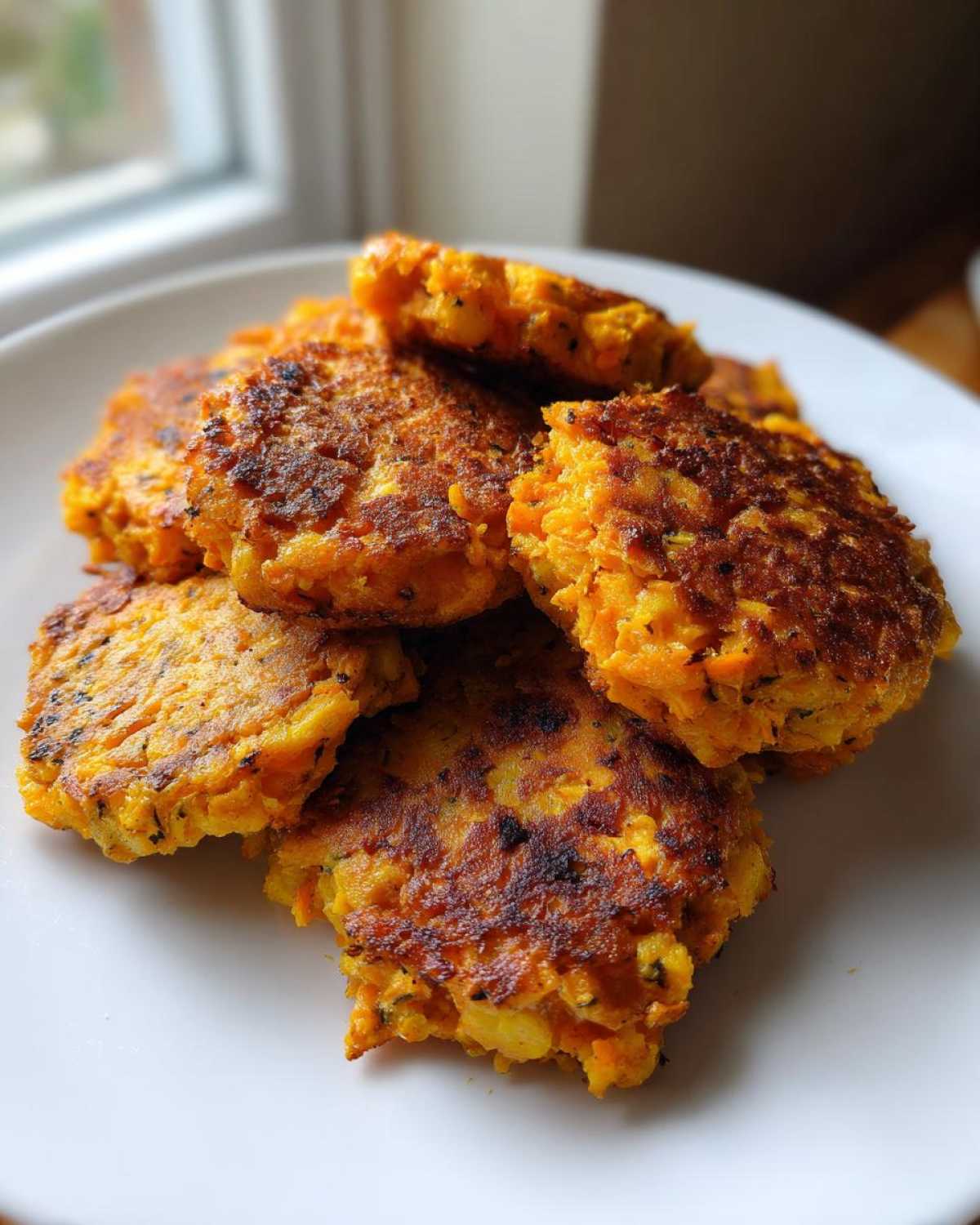 A stack of golden brown, pan-fried Chickpea and Sweet Potato Fritters resting on a white plate.