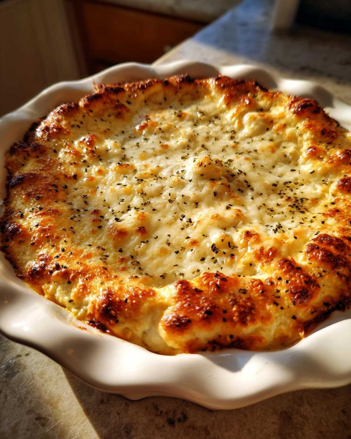 A freshly baked Creamy Baked Pickle Dip with a golden, bubbly cheese topping sprinkled with herbs.