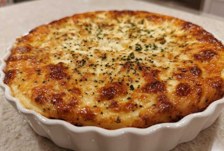 Close-up of a golden-brown, bubbly Creamy Baked Pickle Dip topped with herbs in a white fluted baking dish.
