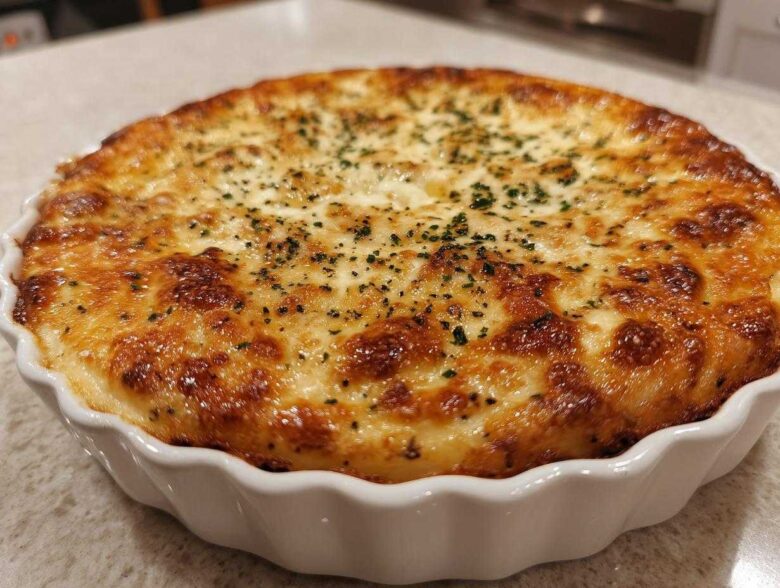 Close-up of a golden-brown, bubbly Creamy Baked Pickle Dip topped with herbs in a white fluted baking dish.