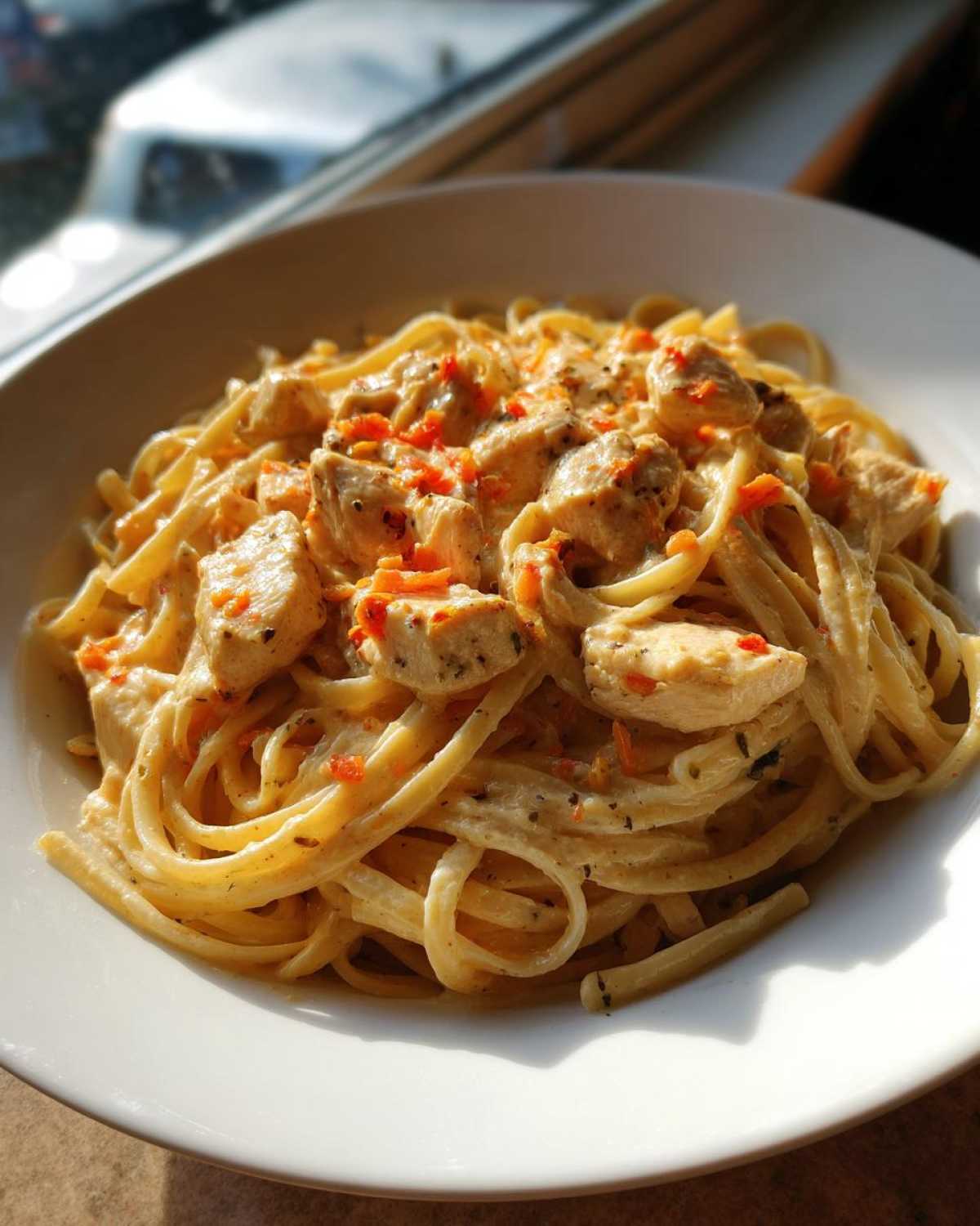 A close-up of creamy Cajun Chicken Pasta featuring linguine, seasoned chicken chunks, and red pepper flakes in a white bowl.