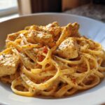 Close-up of creamy Cajun Chicken Pasta featuring fettuccine noodles and seasoned chicken chunks in a white bowl.