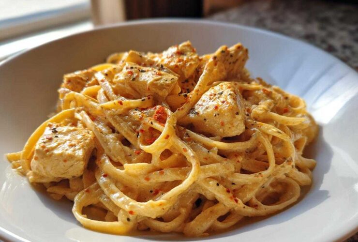 Close-up of creamy Cajun Chicken Pasta featuring fettuccine noodles and seasoned chicken chunks in a white bowl.