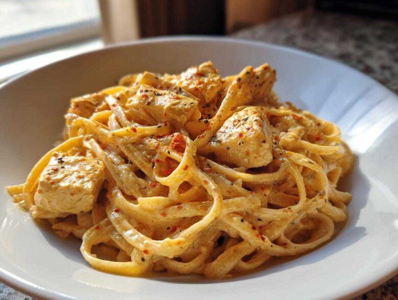 Close-up of creamy Cajun Chicken Pasta featuring fettuccine noodles and seasoned chicken chunks in a white bowl.