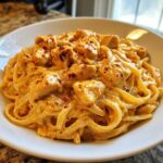 Close-up of a rich, creamy Cajun Chicken Pasta dish topped with chunks of seasoned chicken and red pepper flakes.