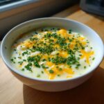 Close-up of a white bowl filled with Creamy Potato Soup, generously topped with melted cheddar cheese and fresh chopped chives.