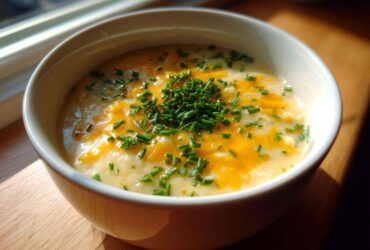 A close-up of a white bowl filled with rich Creamy Potato Soup, topped with melted cheddar cheese and fresh chopped chives.