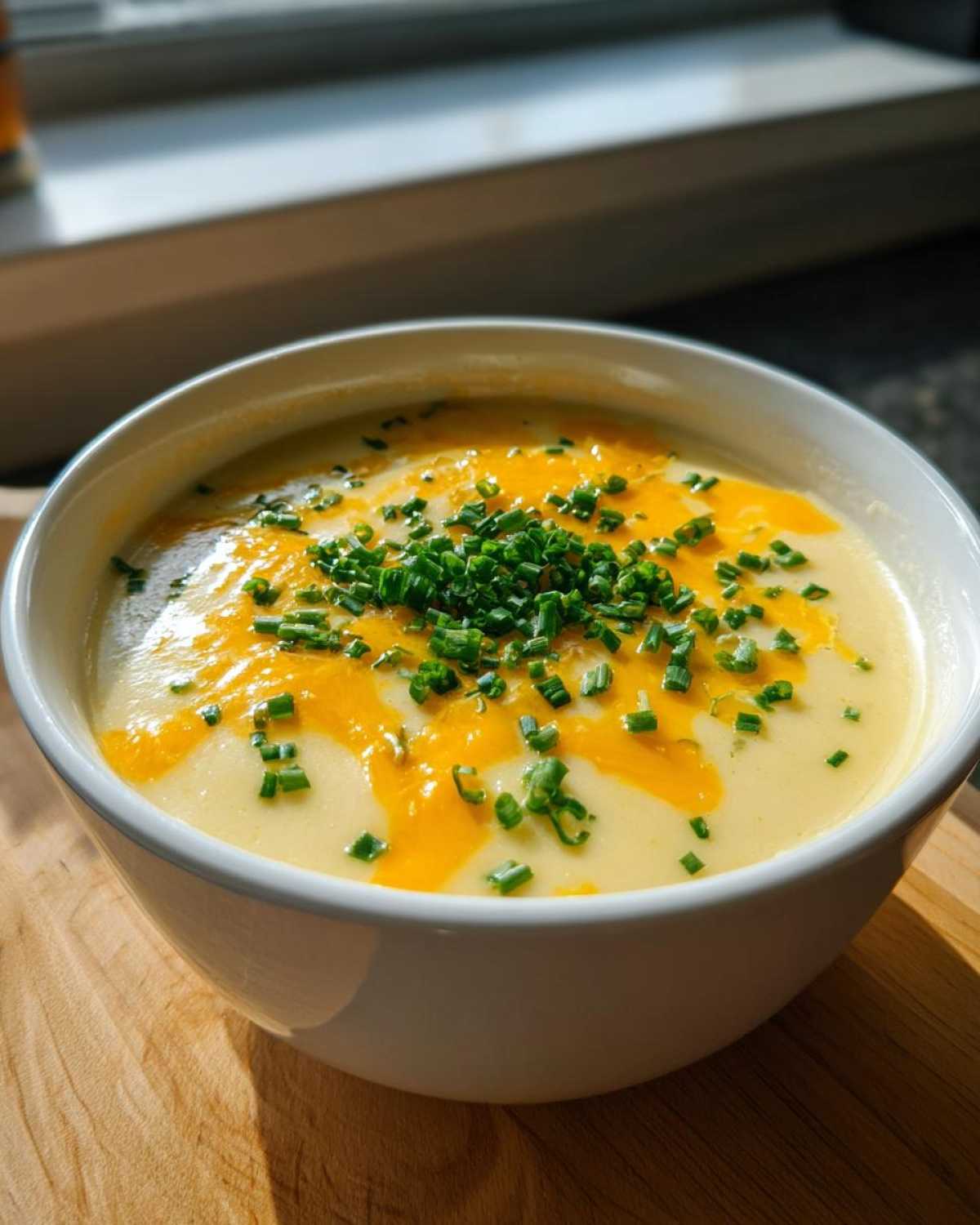 A close-up of a white bowl filled with rich Creamy Potato Soup, topped with melted orange cheese and fresh green chives.