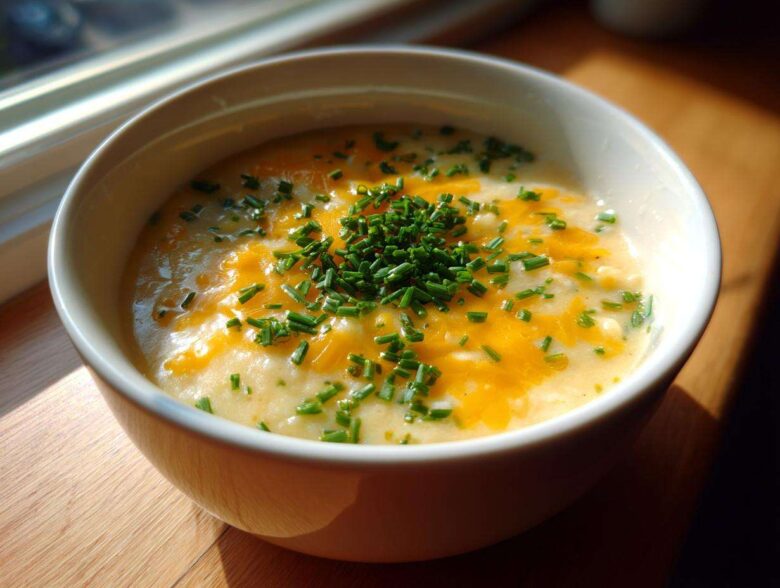 A close-up of a white bowl filled with rich Creamy Potato Soup, topped with melted cheddar cheese and fresh chopped chives.