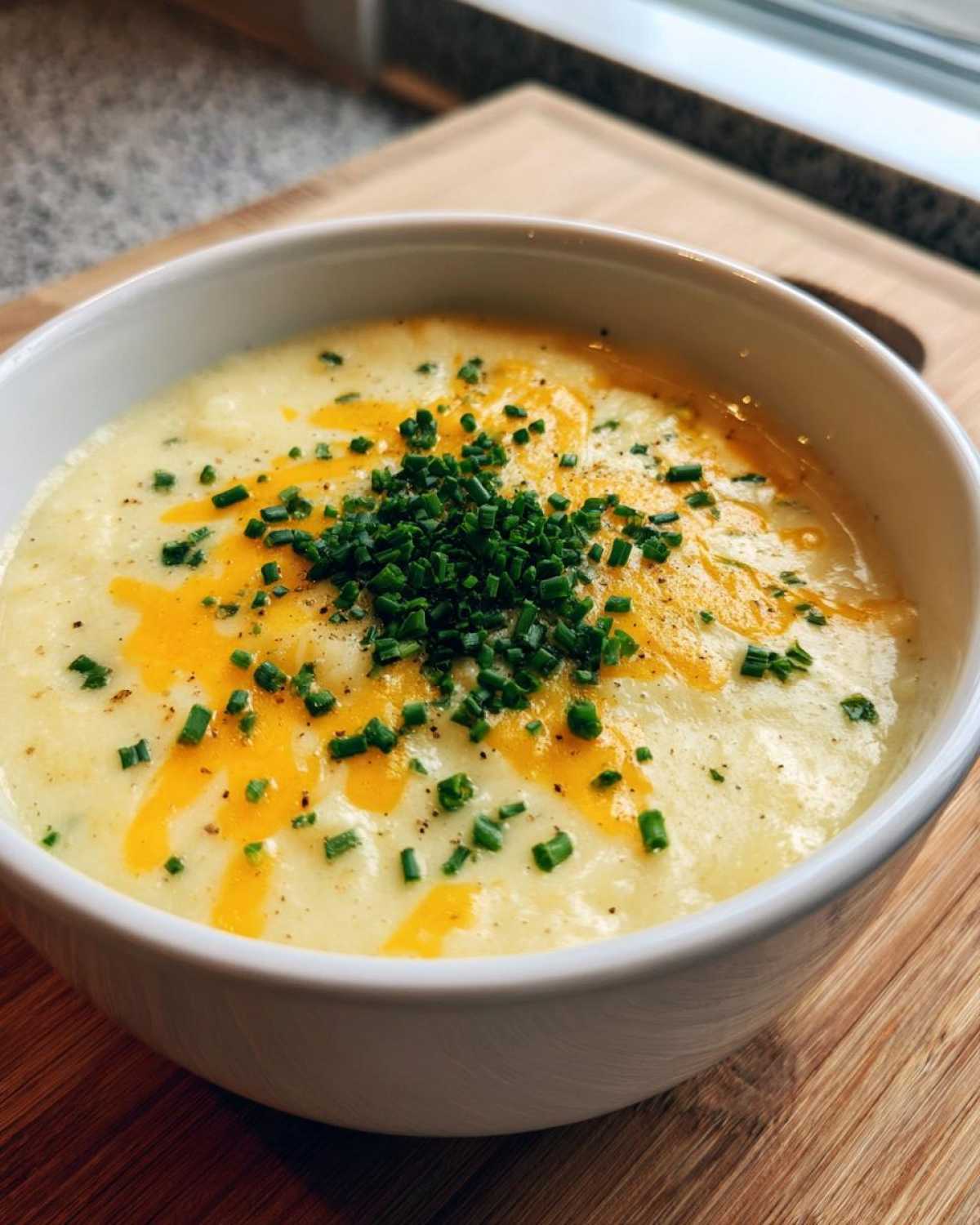 Close-up of a white bowl filled with thick, creamy potato soup, topped with melted cheddar cheese and fresh chopped chives.