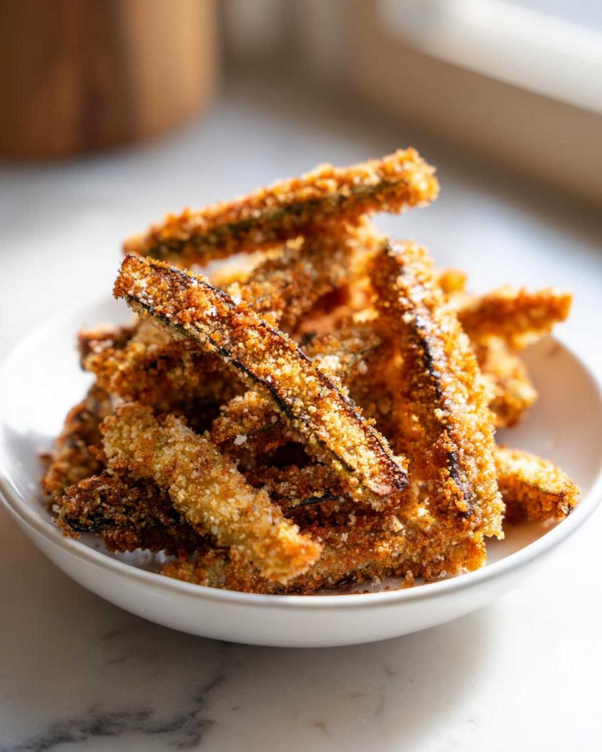 A close-up of golden brown, crispy Baked Eggplant Fries piled high in a small white bowl.
