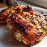 Close-up of two juicy Herb Roasted Chicken Thighs with crispy, dark brown, herb-seasoned skin.