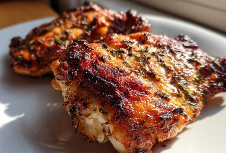 Close-up of two juicy Herb Roasted Chicken Thighs with crispy, dark brown, herb-seasoned skin.