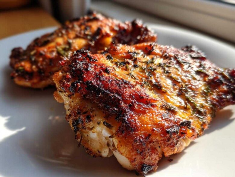 Close-up of two juicy Herb Roasted Chicken Thighs with crispy, dark brown, herb-seasoned skin.