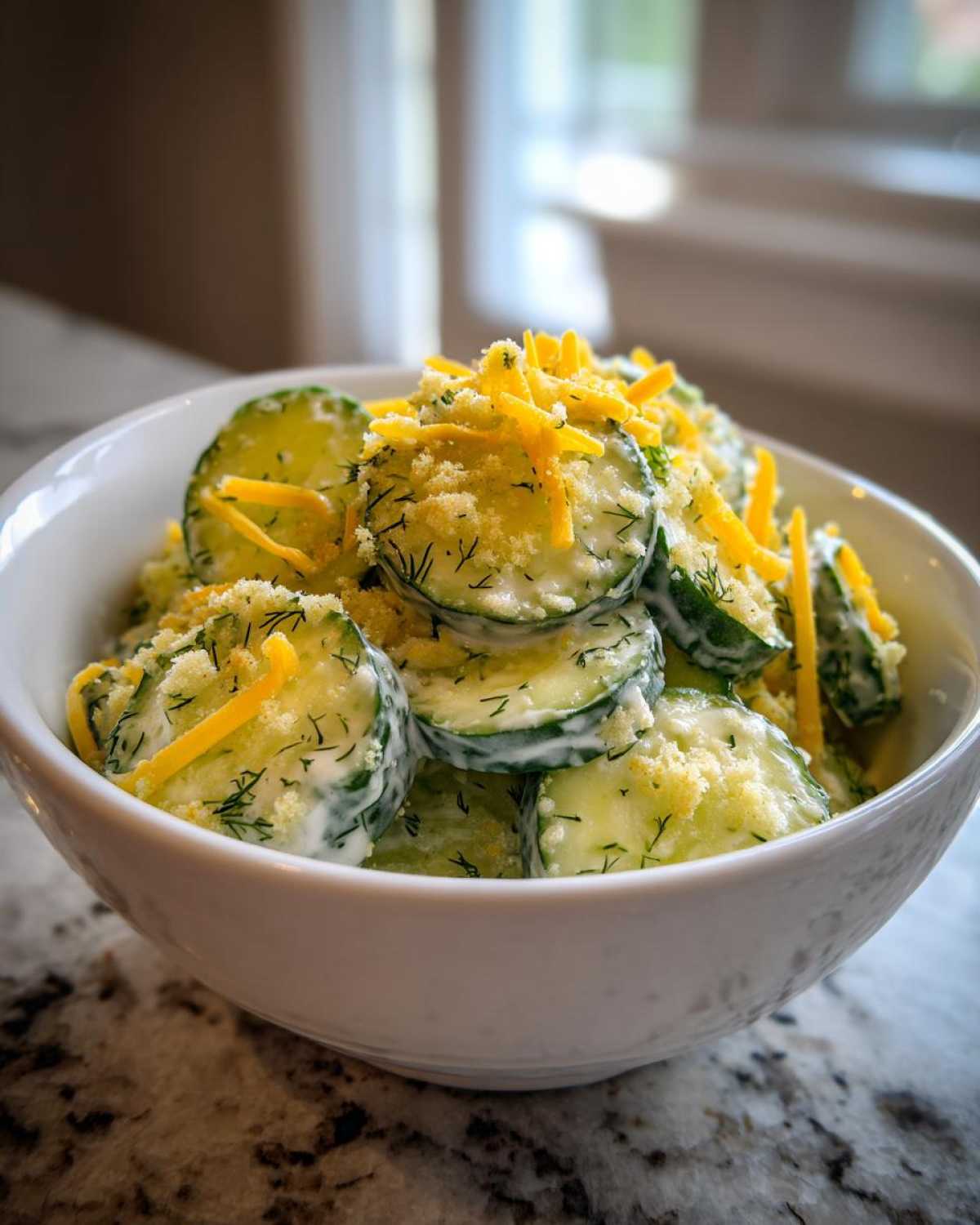 A white bowl filled with creamy Cucumber Ranch Crack Salad, topped with shredded cheddar cheese and breadcrumbs.