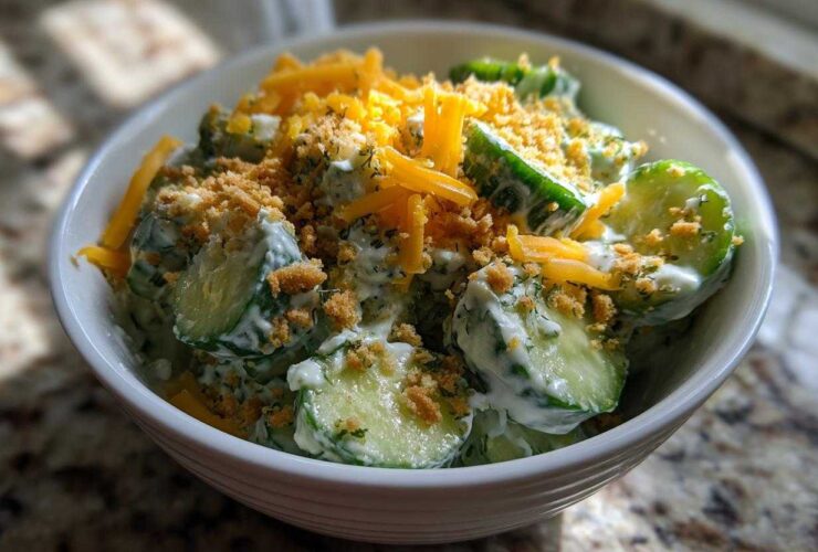 A white bowl filled with creamy Cucumber Ranch Crack Salad, topped with shredded cheddar cheese and cracker crumbs.