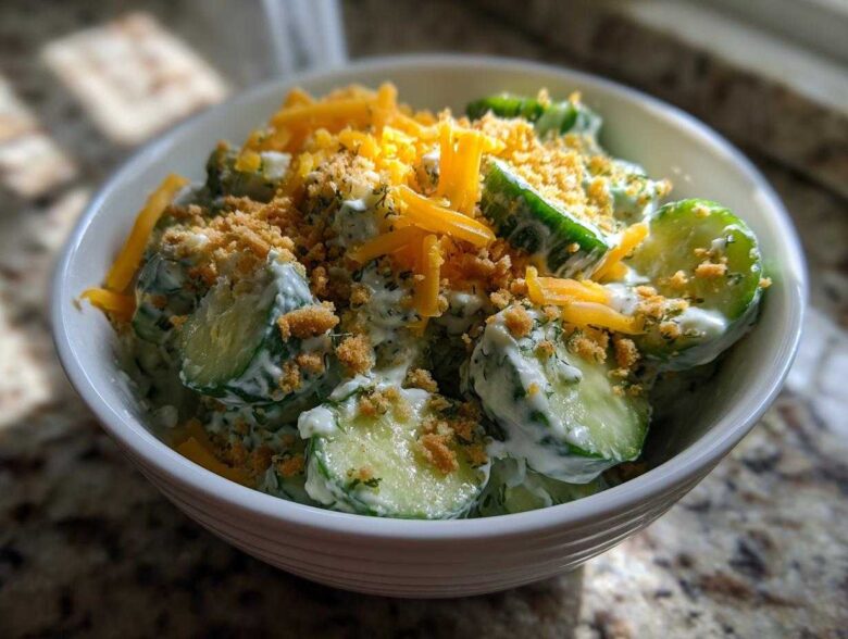 A white bowl filled with creamy Cucumber Ranch Crack Salad, topped with shredded cheddar cheese and cracker crumbs.