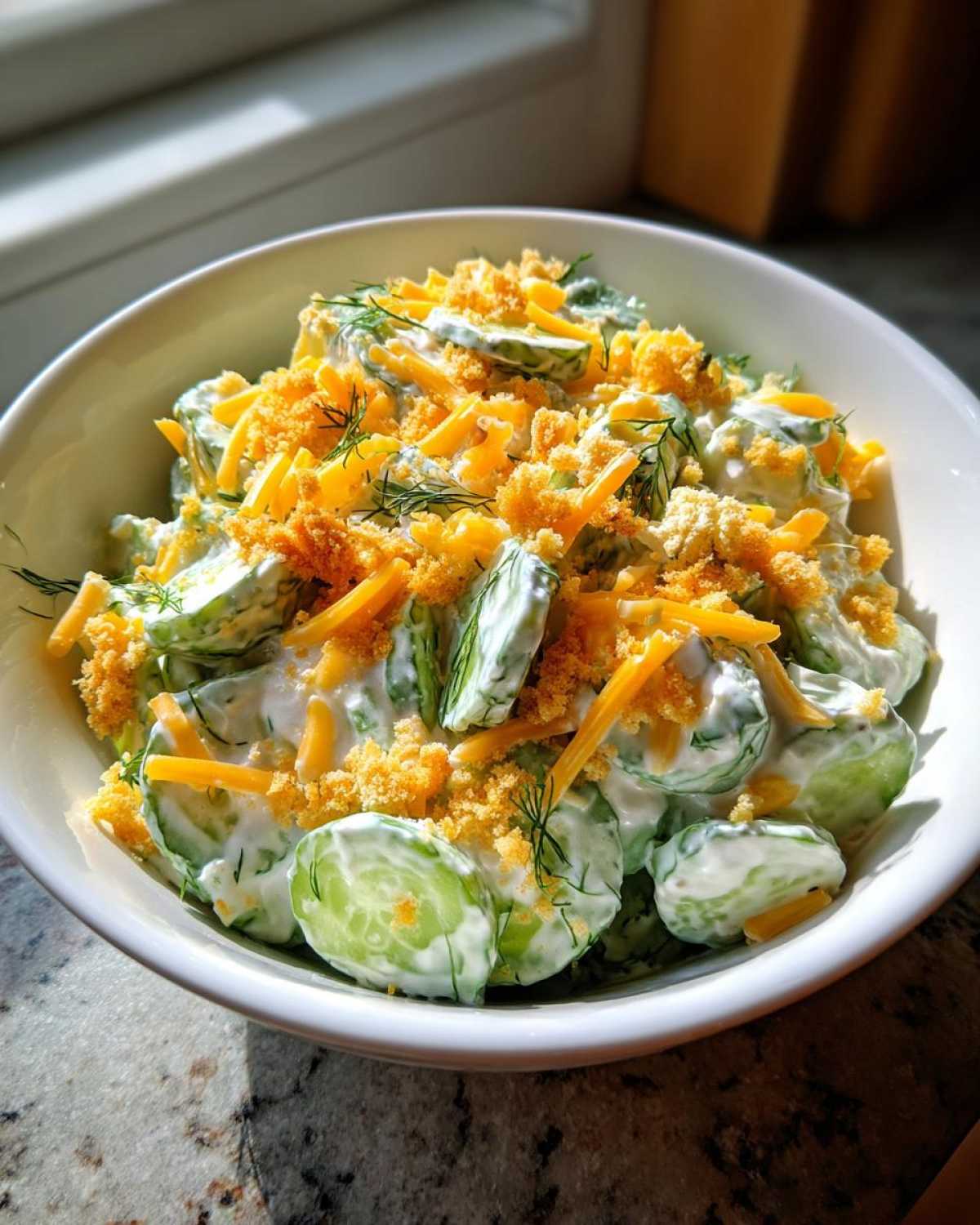 A white bowl filled with creamy Cucumber Ranch Crack Salad, topped with shredded cheddar cheese and crunchy orange crumbs.