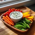 A wooden board featuring fresh vegetables surrounding a bowl of Garden Harvest Board with Herb-Infused Ricotta Dip.