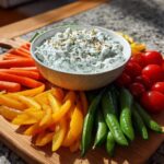 A vibrant Garden Harvest Board featuring fresh vegetables surrounding a bowl of Herb-Infused Ricotta Dip.