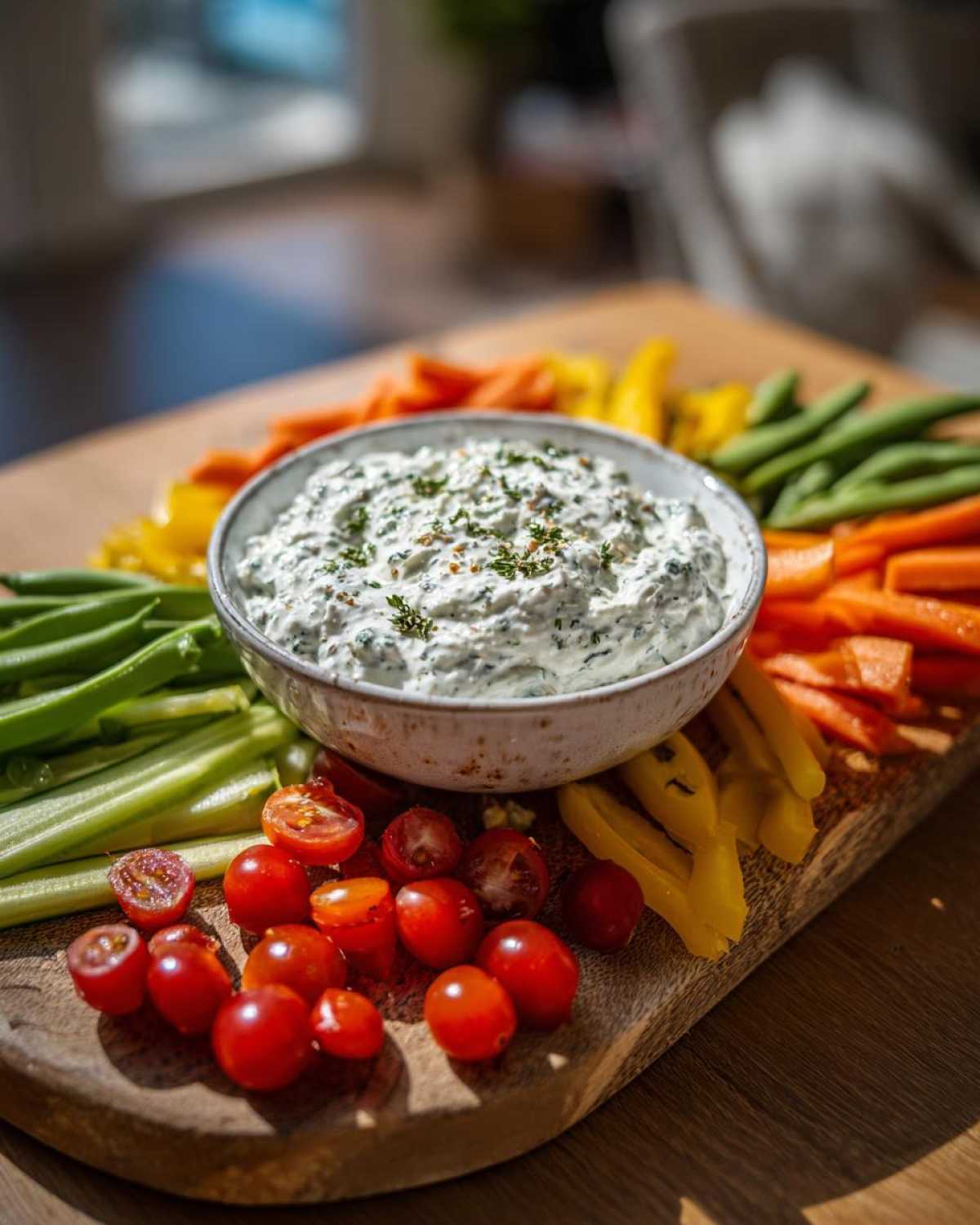 A vibrant Garden Harvest Board featuring fresh vegetables surrounding a bowl of Herb-Infused Ricotta Dip.