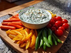 A vibrant Garden Harvest Board featuring fresh vegetables surrounding a bowl of Herb-Infused Ricotta Dip.