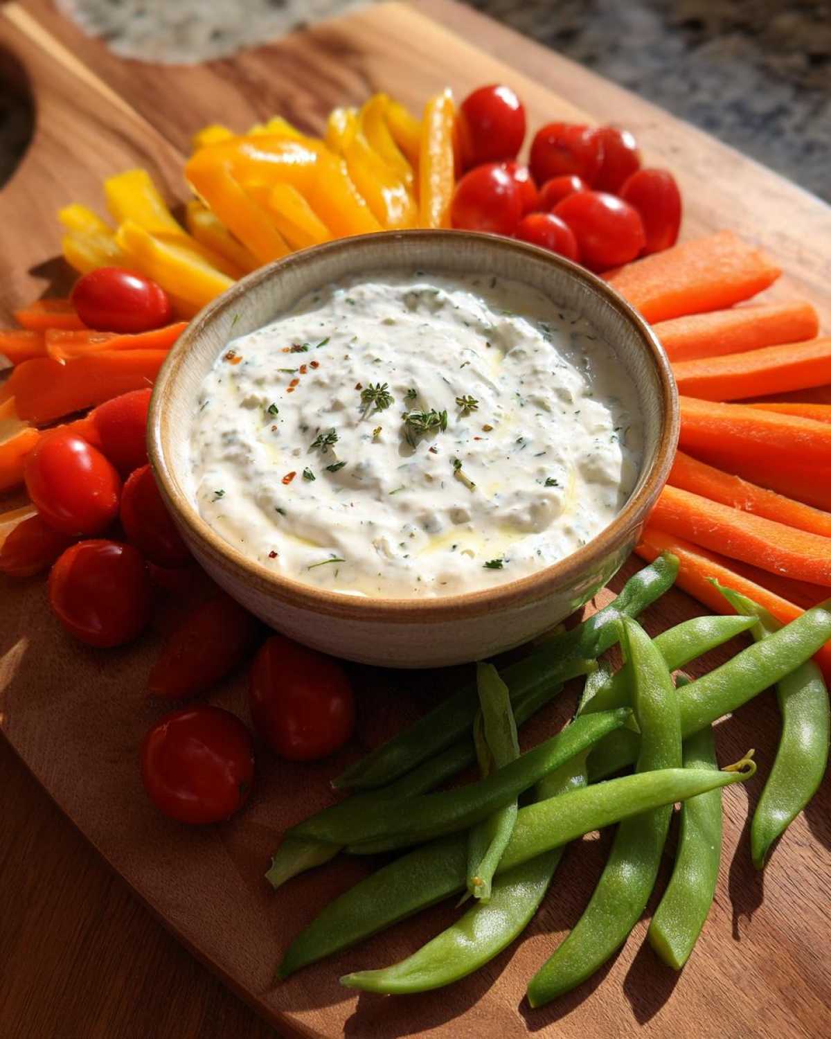 A wooden board featuring fresh vegetables surrounding a bowl of Herb-Infused Ricotta Dip, part of a Garden Harvest Board.