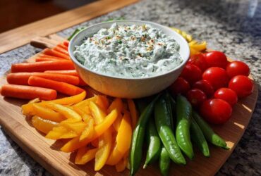 A vibrant Garden Harvest Board featuring fresh vegetables surrounding a bowl of Herb-Infused Ricotta Dip.