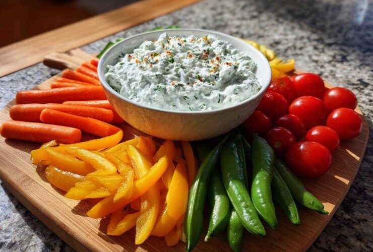 A vibrant Garden Harvest Board featuring fresh vegetables surrounding a bowl of Herb-Infused Ricotta Dip.